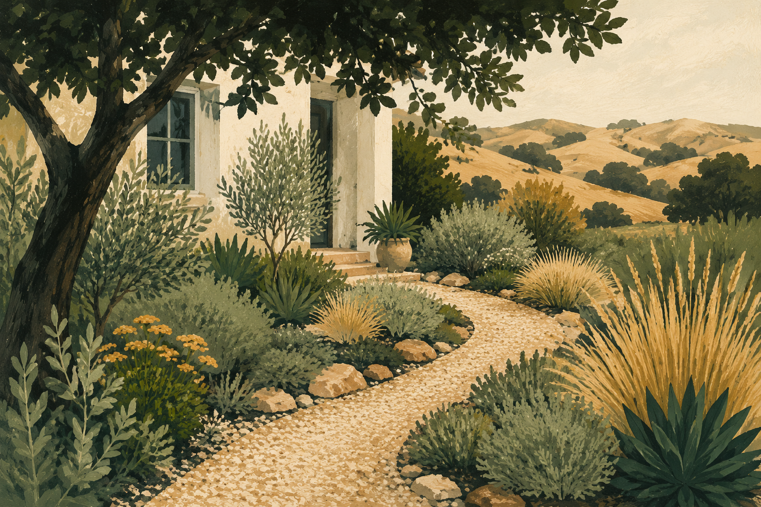 Illustration of a garden path winding past a home, with sage planting and golden Northern California hills.